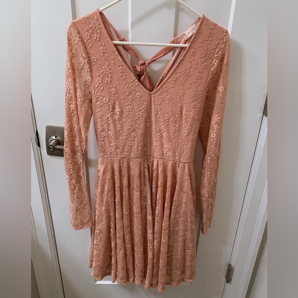Altar'd State pink peach long sleeved formal dress lace floral embroidery & bow